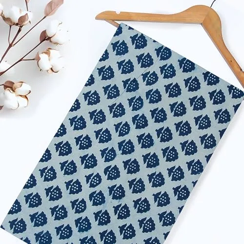 Indigo Blue Floral Block Print Fabric by The Yard Cotton 44" Wide 100% Pure Cotton Machine Washable Boho Fabric for Sewing Dresses & Quilting - 3 Yards (108" x 44")