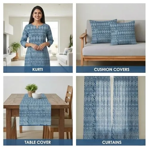 2.5 Yard Indigo Blue 100% Pure Cotton Geometric Vine Fabric by The Yard - Handmade Boho Star Print Block Print Machine Washable 44" Width Bohemian Style Uses for Kurti Beautiful Dresses (90" x 44")