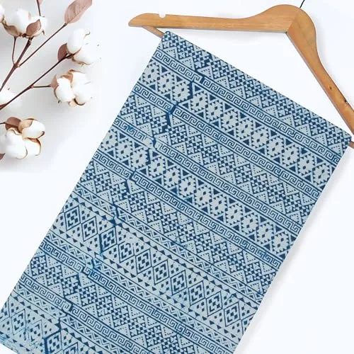 2.5 Yard Indigo Blue 100% Pure Cotton Geometric Vine Fabric by The Yard - Handmade Boho Star Print Block Print Machine Washable 44" Width Bohemian Style Uses for Kurti Beautiful Dresses (90" x 44")