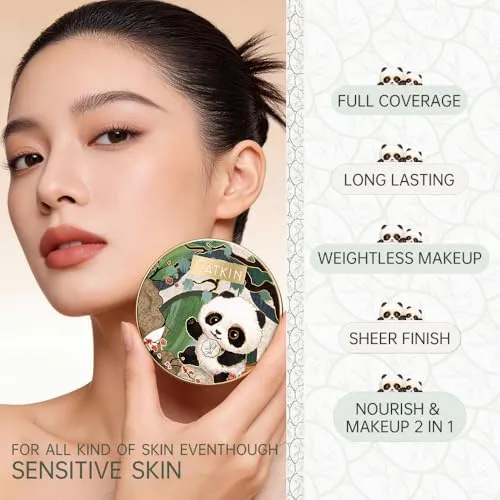 CATKIN Panda Land Full Coverage Cushion Fondation, Breathable Hydrating Nourishing Poreless Face Makeup Save for Sensitive Skin,Sheer Finish (C03 Medium Beige)