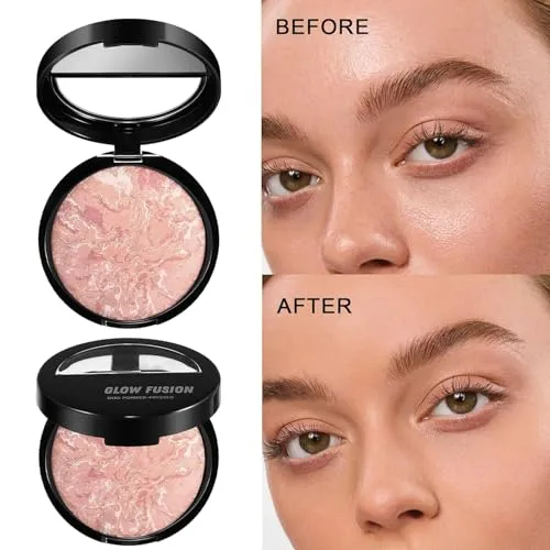 Marble Baked Makeup Setting Powder, Luminous Finish Waterproof Sweatproof Conceal Foundation, 24 H No-Transfer No Smudge Oil-Control Pressed Powder Makeup Base (#05 TAN, 0.53 OZ)