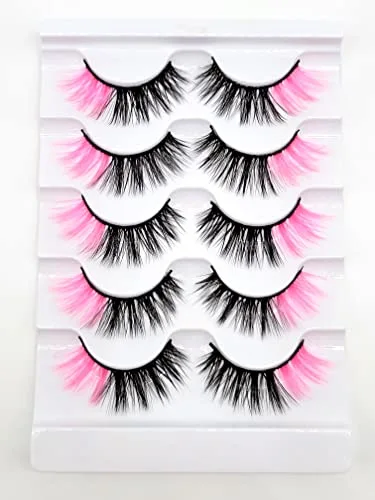 MISSLADY 16mm 3D Faux Mink Eyelashes, Black with Pink Ends, 5 Pairs