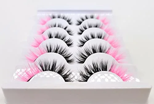 MISSLADY 16mm 3D Faux Mink Eyelashes, Black with Pink Ends, 5 Pairs