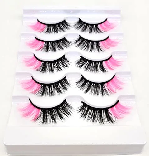 MISSLADY 16mm 3D Faux Mink Eyelashes, Black with Pink Ends, 5 Pairs