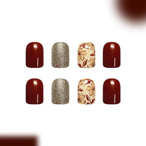 Red Brown Press on Nails Short Square Flower Glitter Fake Nails