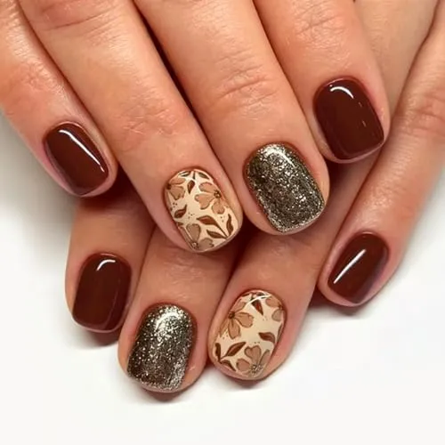 Red Brown Press on Nails Short Square Flower Glitter Fake Nails