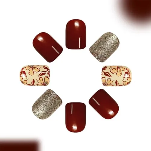 Red Brown Press on Nails Short Square Flower Glitter Fake Nails
