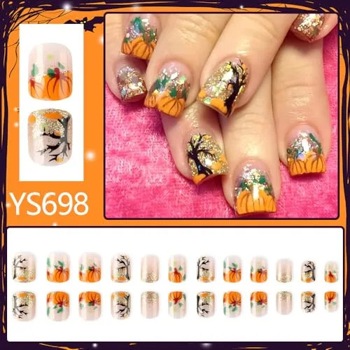 24Pcs Fall Press on Nails Short Square Fake Nails with Orange Pumpkin Autumn Design Thanksgiving Day False Nails Glossy Acrylic Glue on Nails Gold Glitter Full Cover Artificial Nail for Women Manicure