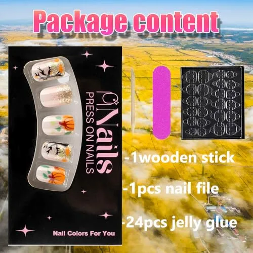 24Pcs Fall Press on Nails Short Square Fake Nails with Orange Pumpkin Autumn Design Thanksgiving Day False Nails Glossy Acrylic Glue on Nails Gold Glitter Full Cover Artificial Nail for Women Manicure