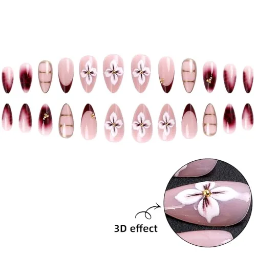 24Pcs Purple Flower Press on Nails Medium Length Almond Fake Nails Cute Flower False Nails with 3D Gold Beads Charms Design French Tip Press on Red Stick on Nail Floral Petals Glue on for Women