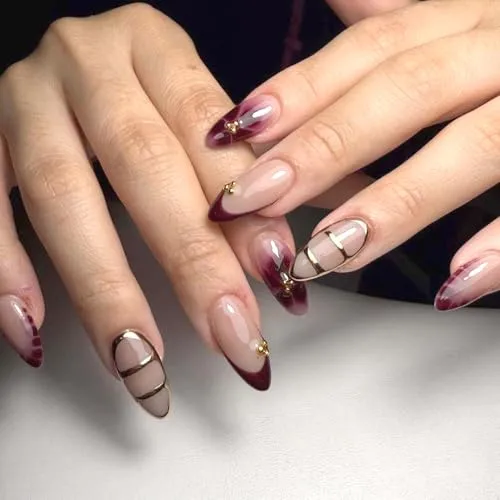 24Pcs Purple Flower Press on Nails Medium Length Almond Fake Nails Cute Flower False Nails with 3D Gold Beads Charms Design French Tip Press on Red Stick on Nail Floral Petals Glue on for Women