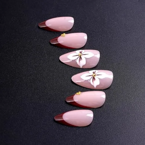 24Pcs Purple Flower Press on Nails Medium Length Almond Fake Nails Cute Flower False Nails with 3D Gold Beads Charms Design French Tip Press on Red Stick on Nail Floral Petals Glue on for Women