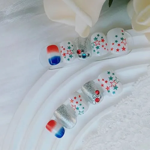 24Pcs Independence Day Press on Nails Short Square Fake Nails with Star Design Glossy Cute Pentagram Press on Gems Rhinestones Glitter Patriotic Acrylic Nails 4th of July False Nails for Women