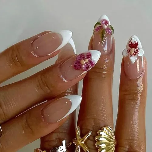 24Pcs White French Press on Nails Short Almond Nail Tips WLGDLH Nude Fake Nails Press ons Glossy False Nails Acrylic Nail Art Kit 3D Flowers Design Full Cover Glue on Nails for Ma'am