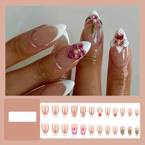 24Pcs White French Press on Nails Short Almond Nail Tips WLGDLH Nude Fake Nails Press ons Glossy False Nails Acrylic Nail Art Kit 3D Flowers Design Full Cover Glue on Nails for Ma'am