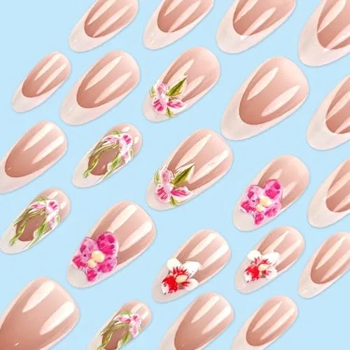 24Pcs White French Press on Nails Short Almond Nail Tips WLGDLH Nude Fake Nails Press ons Glossy False Nails Acrylic Nail Art Kit 3D Flowers Design Full Cover Glue on Nails for Ma'am