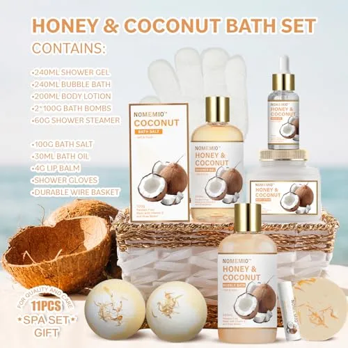 Birthday Gifts for Women, 11pcs Honey & Coconut Luxury Gift Basket Bubble Bath Skincare Gift Set