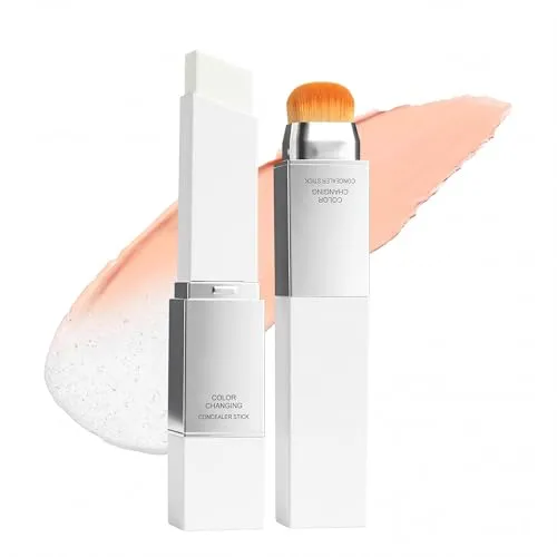 Color Changing Foundation Stick with Brush, 2 in 1 White Korean Foundation, Moisturizing Long-Lasting Hydration Full Coverage Base Concealer Makeup (Light)