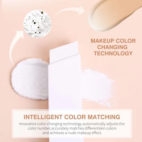 Color Changing Foundation Stick with Brush, 2 in 1 White Korean Foundation, Moisturizing Long-Lasting Hydration Full Coverage Base Concealer Makeup (Light)