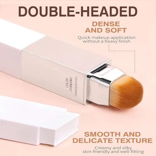 Color Changing Foundation Stick with Brush, 2 in 1 White Korean Foundation, Moisturizing Long-Lasting Hydration Full Coverage Base Concealer Makeup (Light)
