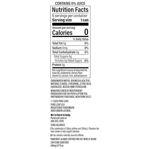 Pure Leaf Mental Focus Sparkling Real Brewed Iced Tea, Raspberry, 12 fl oz Cans (6 Pack), Caffeine, L Theanine, Zero Sugar, Zero Calories