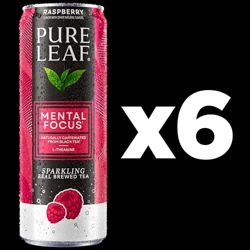 Pure Leaf Mental Focus Sparkling Real Brewed Iced Tea, Raspberry, 12 fl oz Cans (6 Pack), Caffeine, L Theanine, Zero Sugar, Zero Calories