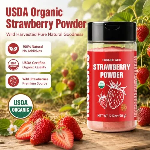 Nacolorce 100% Organic Freeze-Dried Strawberry Powder (3.17oz) | No Sugar Added: Gluten-Free Vegan Food Coloring & Seasoning for Baking, Smoothies, Cakes & Drin