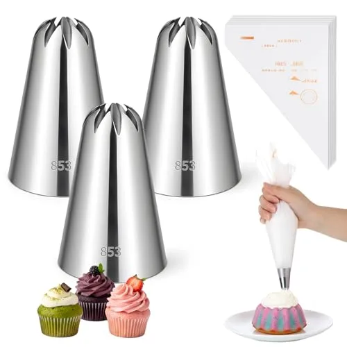 3PCS 853 Stainless Steel Icing Tips with 20 Disposable Pastry Bag, Large Piping Nozzles Decorating Tips, Piping Bags and Tips Set, Cake Baking Tools for Cupcake Decorating