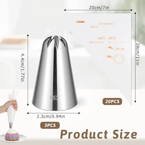 3PCS 853 Stainless Steel Icing Tips with 20 Disposable Pastry Bag, Large Piping Nozzles Decorating Tips, Piping Bags and Tips Set, Cake Baking Tools for Cupcake Decorating