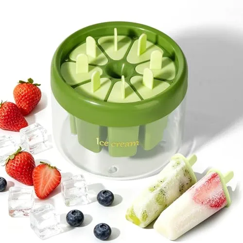 Popsicle Molds with Sticks, 8-Compartment Reusable and Easy-to-Release BPA-Free Popsicles Molds Homemade Ice Pops Molds Suitable for Yogurt and Juice Parties (Green)