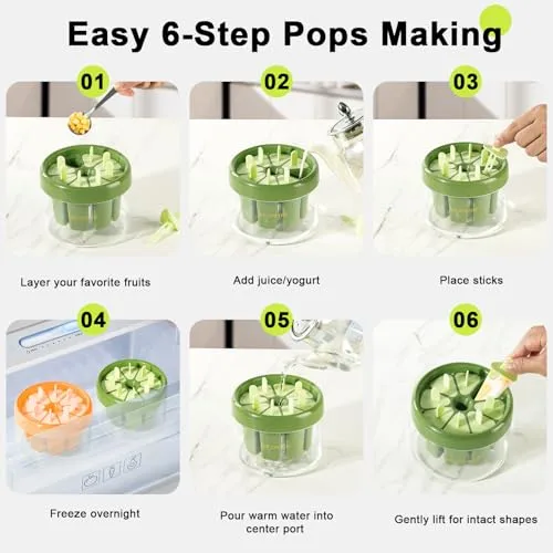 Popsicle Molds with Sticks, 8-Compartment Reusable and Easy-to-Release BPA-Free Popsicles Molds Homemade Ice Pops Molds Suitable for Yogurt and Juice Parties (Green)