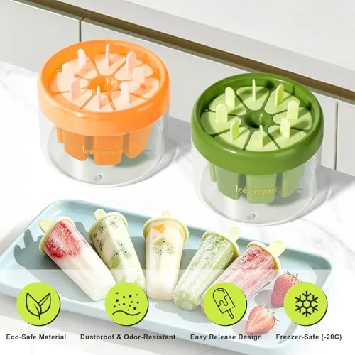 Popsicle Molds with Sticks, 8-Compartment Reusable and Easy-to-Release BPA-Free Popsicles Molds Homemade Ice Pops Molds Suitable for Yogurt and Juice Parties (Green)