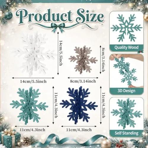 Bucherry 12 Pcs Wooden Snowflakes Table Decor,White, Blue, Green, Gray