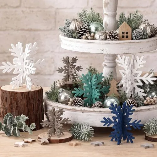 Bucherry 12 Pcs Wooden Snowflakes Table Decor,White, Blue, Green, Gray