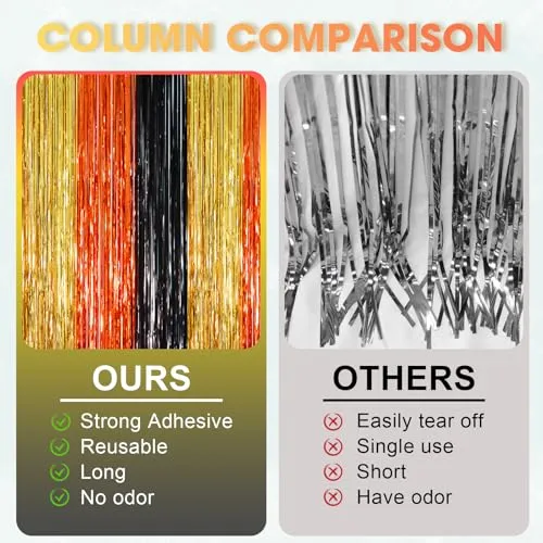 Voircoloria Black Gold Orange Fringe Backdrop Curtains,3.3x8.2ft, 3 Pack