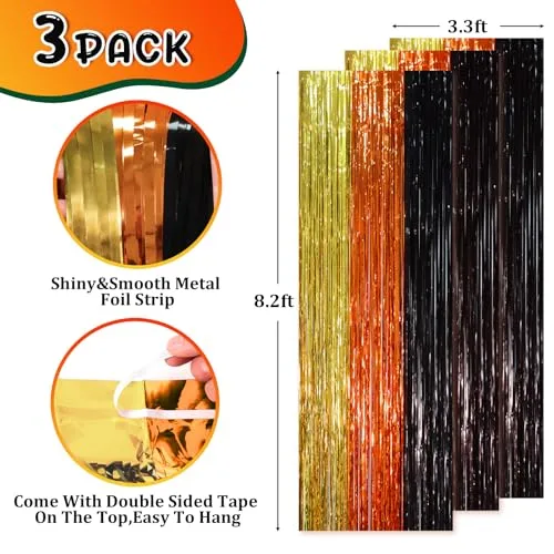 Voircoloria Black Gold Orange Fringe Backdrop Curtains,3.3x8.2ft, 3 Pack