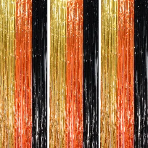 Voircoloria Black Gold Orange Fringe Backdrop Curtains,3.3x8.2ft, 3 Pack