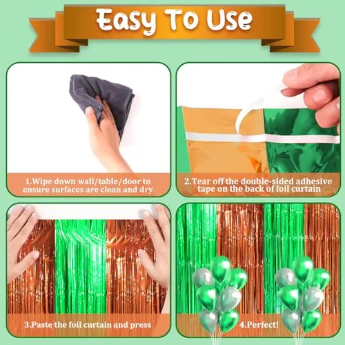 Voircoloria Green Brown Foil Fringe Backdrop Curtains,3.3x8.2ft, 3 Pack