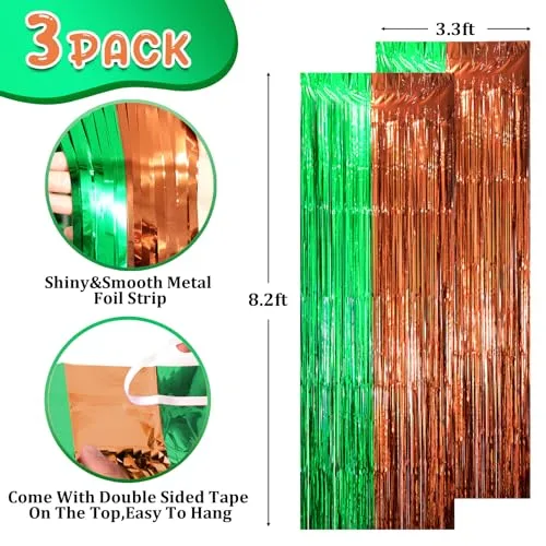Voircoloria Green Brown Foil Fringe Backdrop Curtains,3.3x8.2ft, 3 Pack