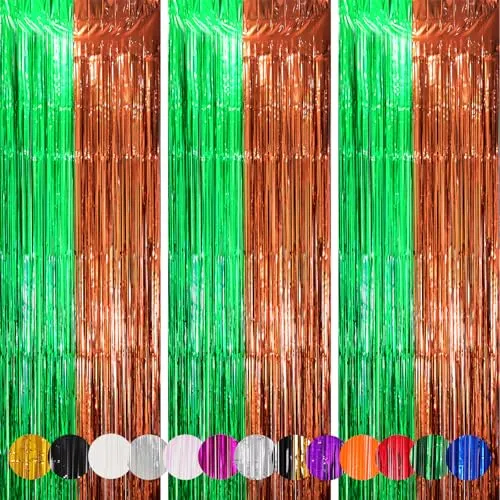 Voircoloria Green Brown Foil Fringe Backdrop Curtains,3.3x8.2ft, 3 Pack