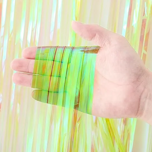 Voircoloria Iridescent Green Fringe Backdrop Curtains, 3.3x8.2ft, 3 Pack