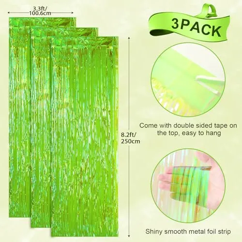 Voircoloria Iridescent Green Fringe Backdrop Curtains, 3.3x8.2ft, 3 Pack