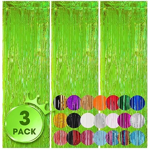 Voircoloria Iridescent Green Fringe Backdrop Curtains, 3.3x8.2ft, 3 Pack