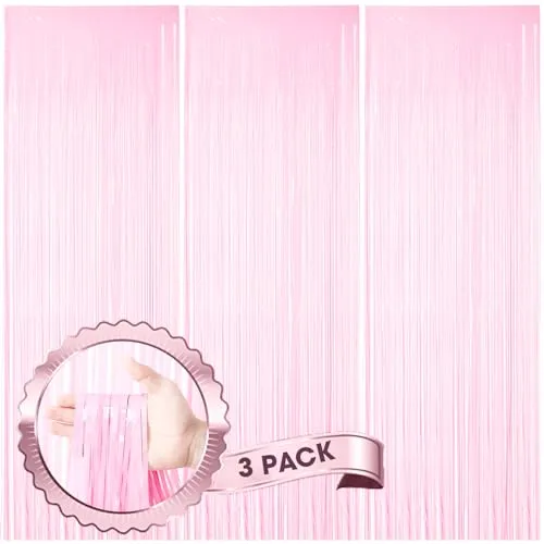 Voircoloria Pastel Pink Foil Fringe Backdrop Curtains, 3.3x8.2ft, 3 Pack