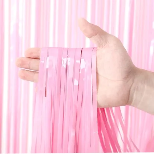 Voircoloria Pastel Pink Foil Fringe Backdrop Curtains, 3.3x8.2ft, 3 Pack