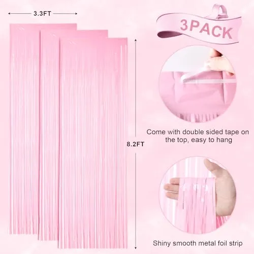 Voircoloria Pastel Pink Foil Fringe Backdrop Curtains, 3.3x8.2ft, 3 Pack