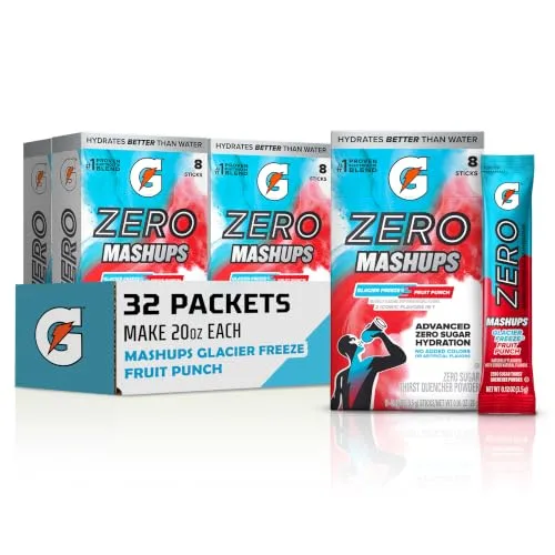 Gatorade Zero Sugar Electrolyte Powder Drink Mix, Mashups Glacier Freeze-Fruit Punch, (32 Servings), No Artificial Flavors, No Added Colors, Zero Sugar, Sports Drinks, Hydration, Electrolyte Drink