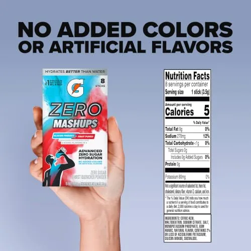 Gatorade Zero Sugar Electrolyte Powder Drink Mix, Mashups Glacier Freeze-Fruit Punch, (32 Servings), No Artificial Flavors, No Added Colors, Zero Sugar, Sports Drinks, Hydration, Electrolyte Drink