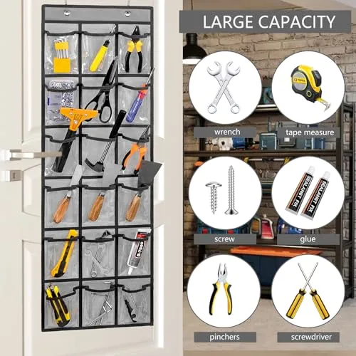 Over Door Hanging Tool Storage Bag Wall Mounted Screw Organizer Garage Accessories Organization with Clear Pockets (18 pockets)