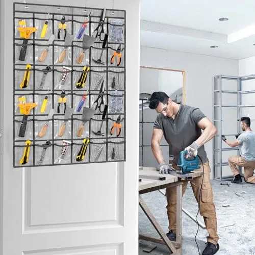 Over Door Hanging Tool Storage Bag Wall Mounted Screw Organizer Garage Accessories Organization with Clear Pockets (36 pockets)